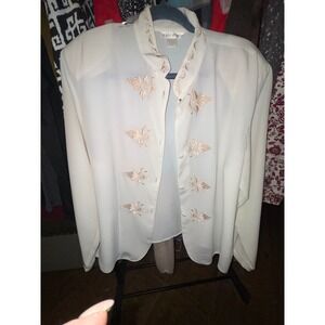 Susan Hutton Women's Cream Embroidered Button Front Blouse Top Plus Size 16W